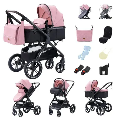 Productafbeelding van Babywagen-set, draagmand, sportbuggy-zitje, model HX1, kleur roze