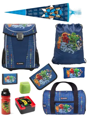 Produktbild von Lego Ninjago Schulranzen 1. Klasse in Blau Ninja Schultaschen Set 10-teilig mit Sporttasche & Schultüte / Zuckertüte Ninja