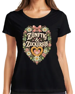 Obrázek produktu pro Zünftig & Zuckersüß, dámské tričko s motivem Oktoberfestu, Bayern, Wiesn, dirndl, lederhose, barva: černá, velikost: L