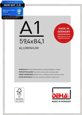 A product image of a DEHA A1 aluminium picture frame, showing its size and material.