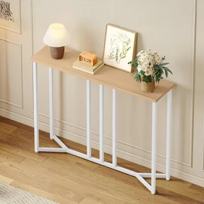 Immagine prodotto di Tavolino consolle stretto, bianco, dimensioni 80 x 20 x 80 cm, realizzato in pannello di particelle di legno e metallo