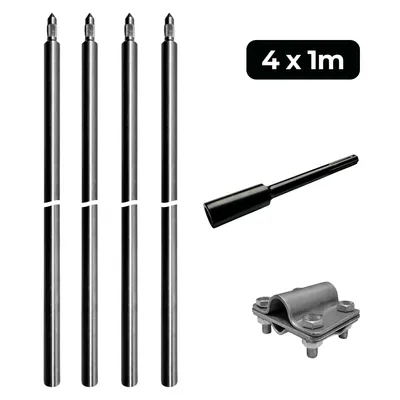 Obrázek produktu pro Sada 4 Zemnicích Tyčí Z Nerezové Oceli V4A 4x1000mm Ø20mm Včetně Úderové Hlavice SDS-Max a Svorky