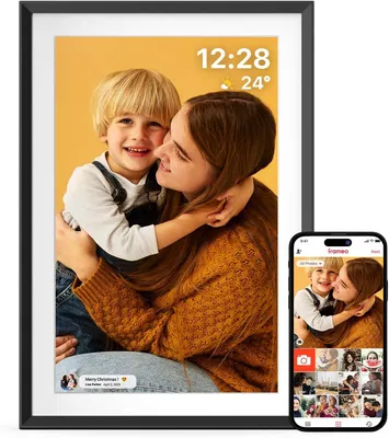 A digital photo frame displaying a mother and child, with a smartphone showing the same image and other photos below.