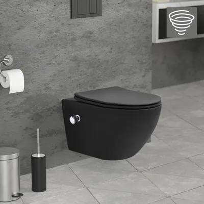 A modern black wall-mounted toilet with a bidet function in a bathroom setting.