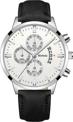 A close-up studio shot of a men's analog wristwatch with a white dial, silver casing, and a black leather strap.