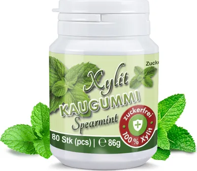 Produktbild von Xylitquelle Zahnpflegekaugummi SPEARMINT | 80 Stk | 100% Xylit für angenehmen Atem | zuckerfrei, vegan, ohne Aspartam | 80 Kaugummis (1er Pack)