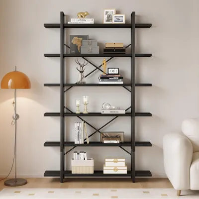 Produktbild von Bücherregal 6 Ebenen Industriell Standregal Metall Holz Schwarz 120x32x178 cm
