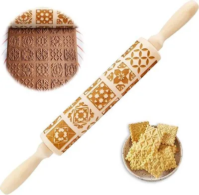Produktbild von Famanu Holz-Backrolle mit Muster – 39 cm lang – für selbstgemachte n und Kekse