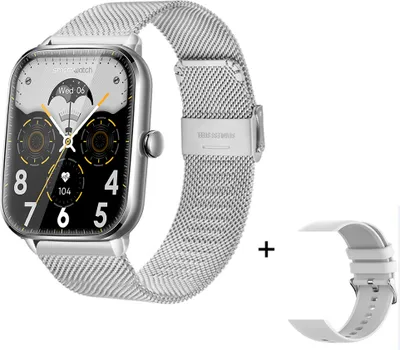 A smartwatch with a silver mesh band and a white silicone band shown next to it, on a white background.