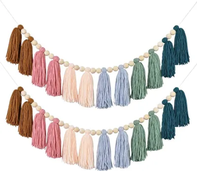 Image de 2 pièces (couleur 7) arc-en-ciel guirlande houppe coton perle bois guirlande bannière tenture murale pastel houppe bannière macramé tissé guirlande