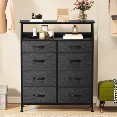 Produktbild von Kommode mit 8 Schubladen und Ablagen, 99x29x107cm, Stoff Kommodenschrank, Metallgestell, Grau