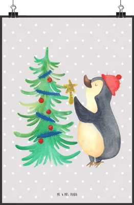 Produktbild von Mr. & Mrs. Panda Bild Pinguin Weihnachtsbaum DIN A2 - Grau Pastell - Geschenk, Weihnachten, wanddeko, drucke, Winter, Kunstdruck, Wandbild, Plakat