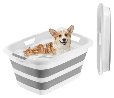 Produktbild von Hundebadewanne faltbar - Tragbare Haustierbadewanne 34 l - Für kleine Hunde und Katzen bis 9 kg - Als Wäschekorb und Aufbewahrung - Platzsparend zusammenklappbar - Grau Weiß