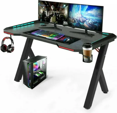 Produktbild von Happyment Gaming Schreibtisch Deluxe - Mit RGB LED Beleuchtung - Gaming Desk - Headset- & Getränkehalter - Schwarz - 120x60x73cm