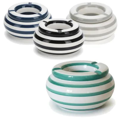 Produktbild von LS-LebenStil XL Sturm-Aschenbecher 14x9cm Maritim Türkis Weiß Keramik mit Deckel Wind-Aschenbecher Camping Ashtray Maritim Streifen draußen groß