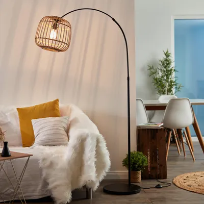 Produktbild von Standleuchte Stehlampe im Nature Style in schwarz natur Rattan Schirm