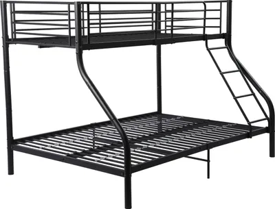 A black metal bunk bed with a ladder, shown from a side angle against a white background.