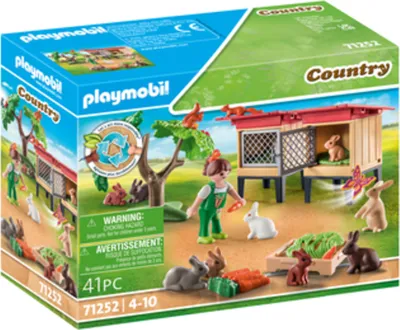 A Playmobil Country set featuring a rabbit hutch, a child figure, and several rabbits, displayed on the product packaging.