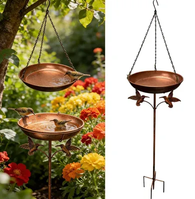 Zdjęcie produktu dla Pojemnik na wodę dla ptaków, metalowy, 2-w-1 (do postawienia i zawieszenia), średnica 24 cm, styl antyczny, kolor brązowy
