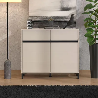Image de Giarree - Buffet, 106x40x90h cm Blanc Crème, 2 Tiroirs