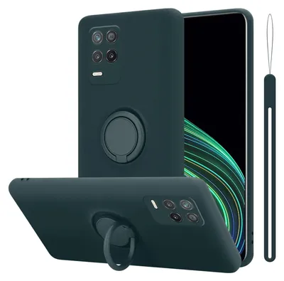 A dark green phone case with a ring holder is shown from multiple angles, with a phone screen visible in the background.
