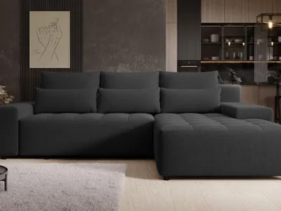 Produktbild von GrainGold Ecksofa L-Form Vento - Ecksofa mit Schlaffunktion, Bettkasten - Moderne Ecksofa, Wohnzimmer Sofa - Eckcouch mit Webstoff - Schwarz (Aragon 99)