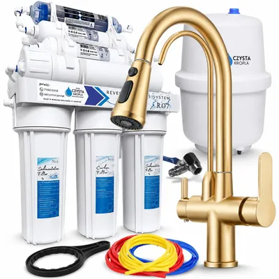 Produktbild von Wasserfilter Set RO7 mit 3-Wege Küchenarmatur Nordic Gold, 7-stufige Umkehrosmose, 360° schwenkbar, Wasserfilter-Anschluss