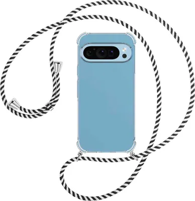 Produktbild von Handykette Backcover-Schutzhülle mit Band (Metall silberfarben) für Google Pixel 9 - schwarz/weiß gestreift
