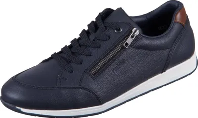 A single navy blue leather sneaker with a brown accent on the heel and a zipper on the side, shown against a white background.