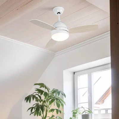 Produktbild von QAZQA - Modern Deckenventilator mit beleuchtung weiß mit Holzaufdruck 96cm mit Fernbedienung - Rotar I Wohnzimmer I Schlafzimmer - Stahl Rund - LED geeignet E27