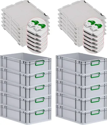 Produktbild von SuperSparSet 10x Eurobox NextGen Color mit Scharnierdeckel und Schiebeschnappverschlüssen | HxBxT 17x40x60cm | 34 Liter | Grau | Griffe grün geschlossen | Glatter Boden | Eurobehälter, Transportbox, Transportbehälter, Stapelbehälter