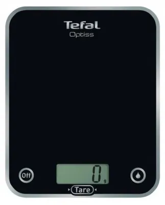 A black digital kitchen scale with a silver trim and a digital display showing '0'.