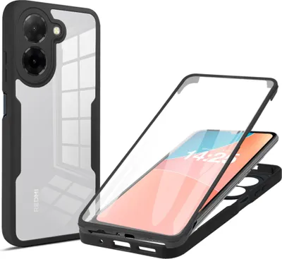 A phone case is shown in two configurations: one assembled on a phone, and another disassembled to show the phone inside.