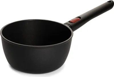 A black saucepan with a black handle and a red accent on the handle, isolated on a white background.