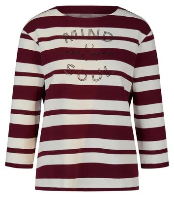 Produktbild von Rabe Damen T-Shirt Dunkelrot Größe 36 Geringelt Rundhalsausschnitt 3/4-Ärmel mit Stein-Schriftzug