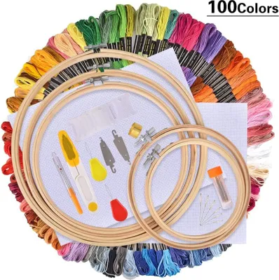Produktbild von Stickerei Set, Stickerei Starter kit, Kreuzstich Tool Kit Einschließlich 100 Farbfäden, 5 Bambus Stickrahmen, Nadeln Set