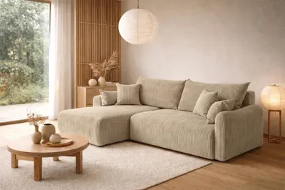 Productafbeelding van Kaiser meubel, hoekbank met slaapfunctie, corduroy stof Poso, donkerbeige, links, in Japandi-stijl