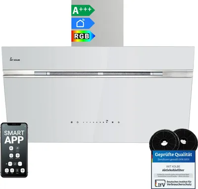 Produktbild von KKT KOLBE A+++ Dunstabzugshaube 90 cm 782 cbm/h Umluft Abluft Kopffrei Wandhaube | Weiß Silber Glas | Nachlaufautomatik | Smart WiFi App WLAN | SensorTouch | RGBW LED-Beleuchtung | AURORA9005WED