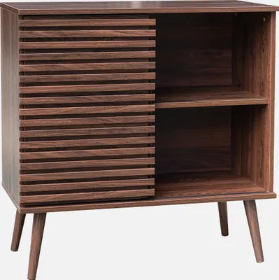 A dark brown wooden cabinet with a slatted sliding door and three open shelves, supported by four angled legs.
