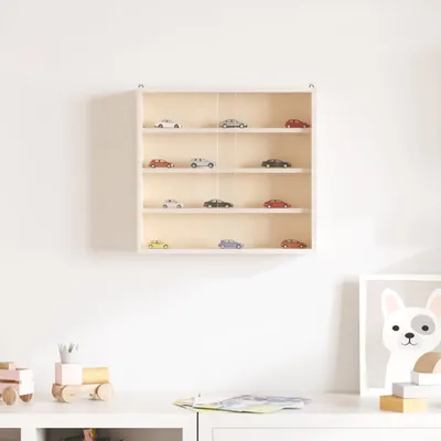 A wooden display shelf with toy cars on it, mounted on a white wall.