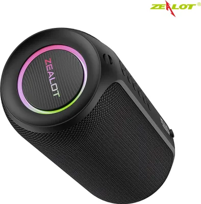 A black portable speaker with a colorful light ring on top.