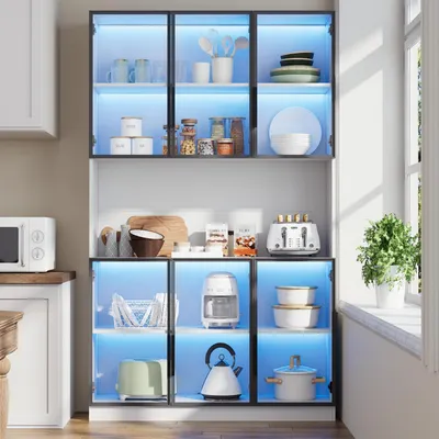 Image de Vitrine avec éclairage LED, dimensions 120x34x200 cm, couleur blanche, 6 portes en MDF