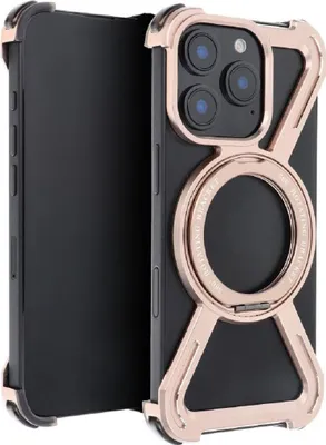 Produktbild von Aluminium Handyhülle Verstärkte Kanten und integrierter Ringständer kompatibel mit iPhone 15 Gold