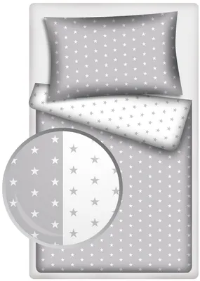 A top-down view of a bedding set laid out on a white surface.