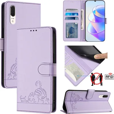 Produktbild von Leder Hülle für Huawei P20 Süße Katze Flip Case Brieftasche Schutzhülle mit Standfunktion Lila