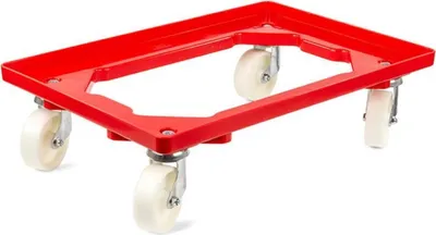 Produktbild von Transportroller für Euroboxen 60x40cm mit Kunststoffräder rot | Offenes Deck | 4 Lenkrollen | Traglast 300kg | Kistenroller Logistikroller Rollwagen Profi-Fahrgestell