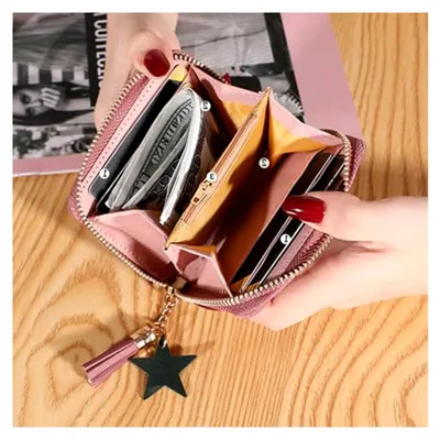 Produktbild von Kleine Damen-Lederbrieftasche, kurze Damen-Mini-Reißverschlussbrieftasche, Reißverschluss-Geldbörse mit Fransen, Münzfach, Geldscheinfach, Brieftasche, dunkelrosa