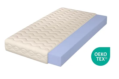 A cutaway view of a mattress showing its internal foam structure, with a certification logo.