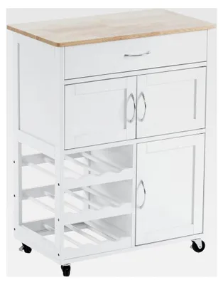 Produktbild von Küchenwagen mit Rollen, Kücheninsel, Servierwagen mit Schublade und Flaschenablagen, Küchenschrank Arbeitsplatte aus Holz, weiß, 67x38x87 cm