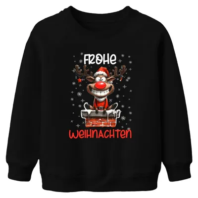 Produktbild von Frohe Weihnachten lustiger Elch Reh Rentier - Kinder Sweatshirt Pullover, Schwarz, 128